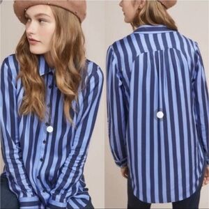 Maeve by Anthropologie Womens Sz XS Blue Vertical Striped Button Up Shirt Blouse